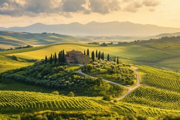 Rolling hills, lush vineyards, and charming farmhouse under gold