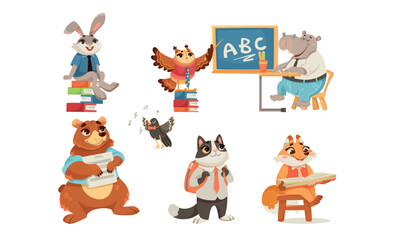 Animals Students at School Studying Having Lesson Vector Set