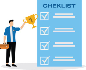 Success businessman holding winner trophy with habit checklist