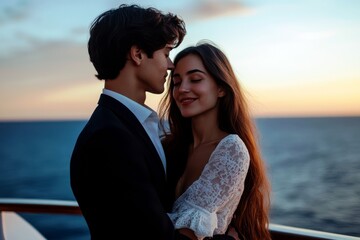 Romantic couple embracing on a luxury yacht at sunset, capturing love and connection against a scenic ocean backdrop with vibrant colors