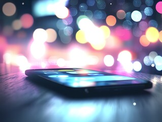 Close-up of a smartphone on a wooden surface with colorful bokeh lights in the background