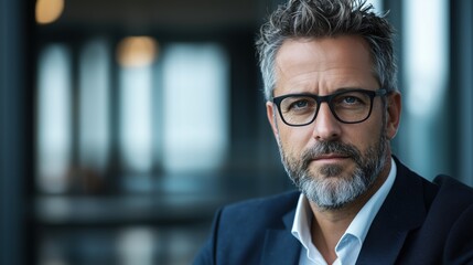 Fototapeta premium Confident middle-aged businessman with glasses in a modern office setting, showcasing professionalism and expertise in a corporate environment