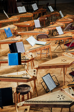 Latvian Kokles Ensemble Setup for Traditional Folk Concert
