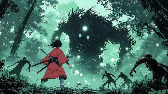 Samurai Facing Mythical Forest Creature and Undead.