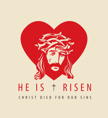 Easter banner or greeting card with portrait of crying Jesus Christ wearing crown of thorns against sign red heart. Vector illustration on religious theme with Son of God