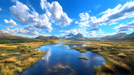 Obraz premium Serene mountain lake reflecting sky, autumnal landscape, idyllic scenery, travel poster