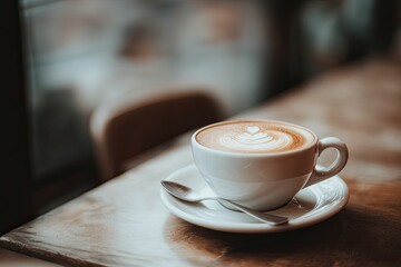 Latte art coffee in cafe by window