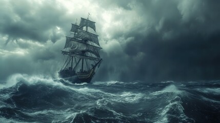 Obraz premium Ancient sailing ship braving a powerful stormy sea