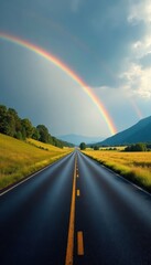 Vast highway beneath a double rainbow, idyllic countryside , asphalt, dramatic