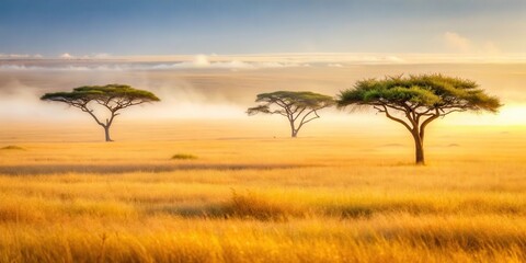 Majestic acacia trees stand alone against a vast expanse of golden savannah grasslands with subtle wisps of fog slowly creeping in , wildscape, acacia tree