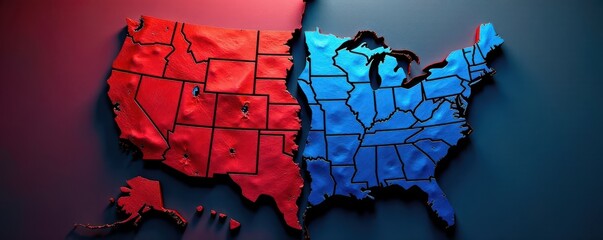 Cracked USA map, red vs blue, jagged political divide , conflict, democrat, separation