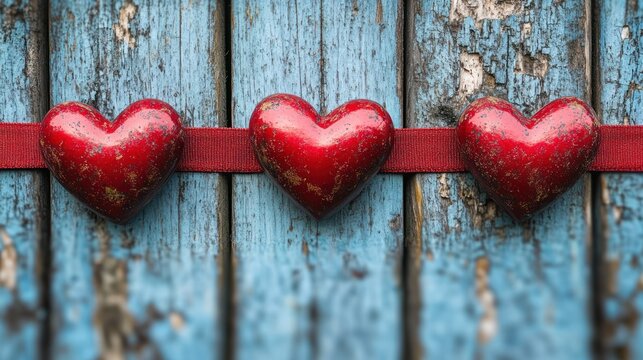 Rustic hearts on ribbon, distressed wood background