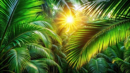 Summer sun shining through green palm tree leaves