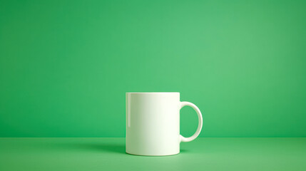 Hybrid work to boost the productivity of remote teams Concept. A simple white mug sits on a vibrant green background, creating a minimalist and modern aesthetic.