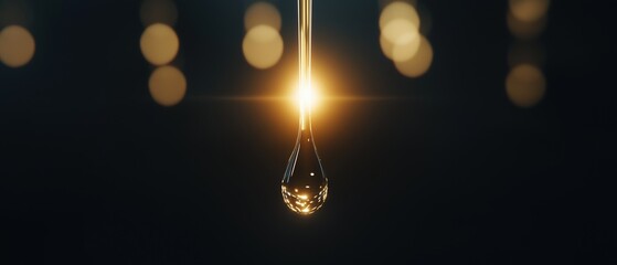 Close-up of a single drop of water hanging from a thin wire. the drop is in the center of the image, with the wire extending upwards towards the top right corner.