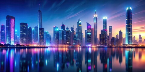 Fototapeta premium Futuristic cityscape at dusk with neon lights reflecting off skyscrapers and water surfaces , futuristic city