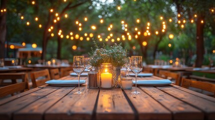 Rustic outdoor dining, string lights, evening ambiance