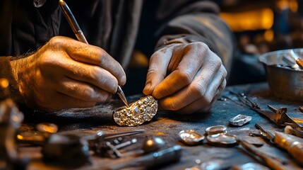 A detailed shot of a jeweler carving a gemstone in a workshop
