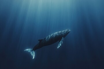 Fototapeta premium Majestic whale gliding gracefully through deep blue ocean, illum