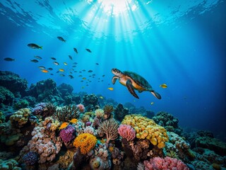 Graceful Sea Turtle in Vibrant Coral Reef with Sunlight