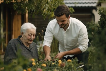 Fototapeta premium Elderly woman and young man gardening together in a lush backyard during sunny afternoon