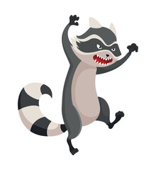 Cartoon raccoon character emotion. Funny wild coon pose, cute mammal. Vector design animal icon isolated on white background
