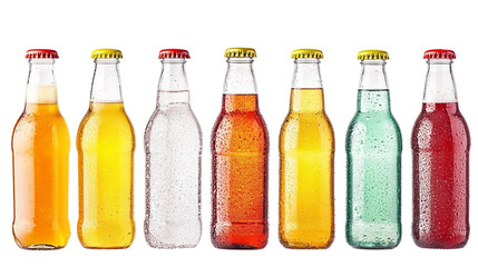 set of fresh ice cold beverage bottles isolated white background.  white and transparent background