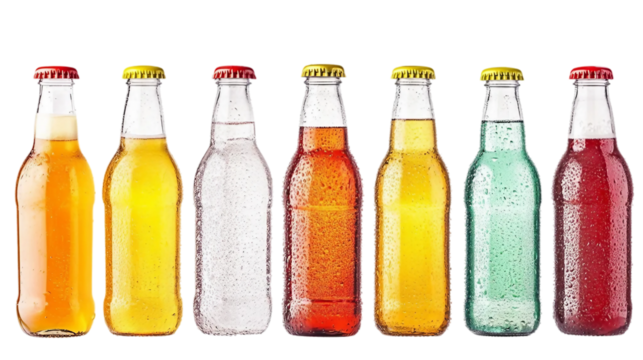 set of fresh ice cold beverage bottles isolated white background.  white and transparent background