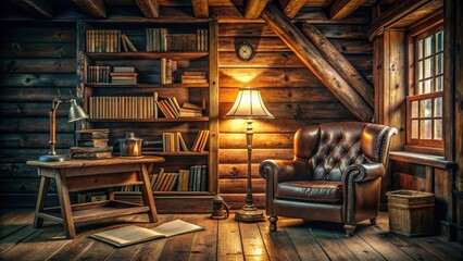 A writer's retreat with an old-fashioned inkwell on a worn leather armchair surrounded by piles of books and papers in a rustic, dimly lit cabin , bookshelves, inkwell