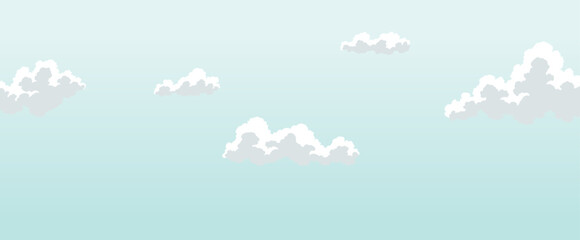Cloudscape sky cartoon background. Light blue daytime sky with white fluffy clouds. Heaven with bright weather, outdoor scene. Vector illustration