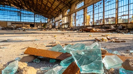Selbstklebende Fototapeten Collapsed factory with rusted beams, broken glass, and scattered industrial debris. © P.G