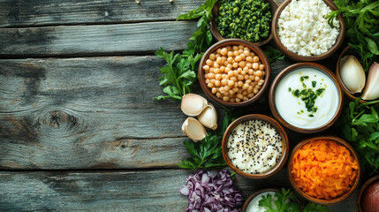 Fresh ingredients arranged in bowls on rustic wooden table, featuring herbs, vegetables, and dairy products, creating vibrant and healthy culinary display