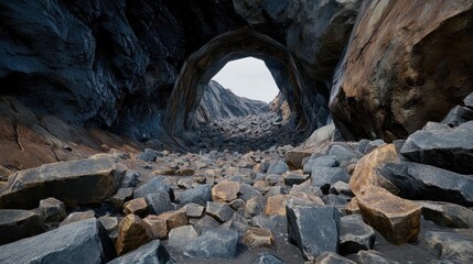 Obraz premium Collapsed tunnel with fallen rocks, twisted metal, and debris blocking the entrance.