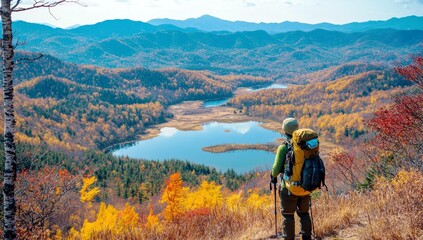 Obraz premium Scenic Mountain Hike with Backpacker Overlooking Vibrant Autumn Landscape