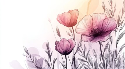 Obraz premium Delicate Line Art Wildflowers on a Watercolor Background, Dreamy and Peaceful Illustration