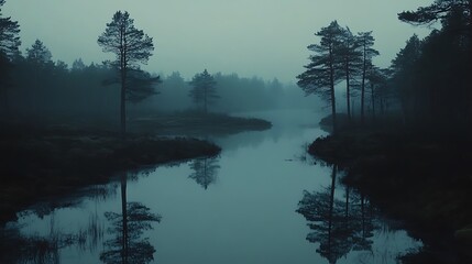 Misty river and trees reflect in the calm water of the lake