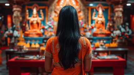 Fototapeta premium Woman in Orange Sari Praying at Hindu Temple