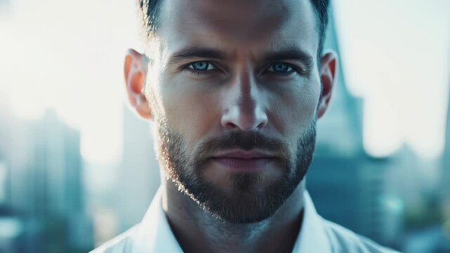 A close-up of a confident businessman in a white shirt with a sharp gaze, embodying ambition and focus.