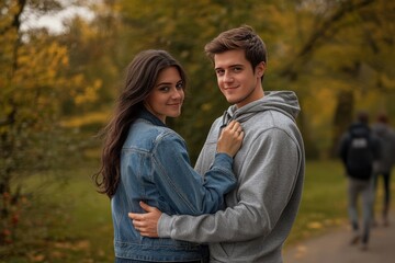 Fototapeta premium Young couple enjoys an autumn walk in a park surrounded by colorful trees