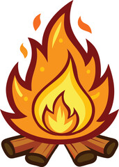Burning Wood Fire Vector Illustration. Simple and Colorful Flat Clipart Campfire for Graphics. Bright Flames and Wooden Logs. Icon and Fire Art.