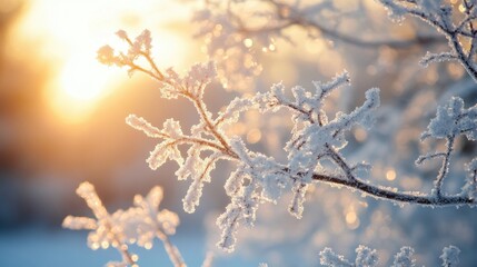 Fototapeta premium Frosty tree branches covered in shimmering snow crystals, glowing softly in the warm morning light.
