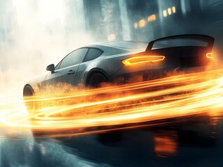 Obraz premium Dynamic sports car drifting through a rain-soaked city street, creating a fiery light trail at night