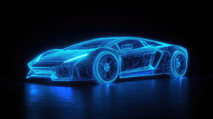 Wireframe Glowing blue wireframe hologram of an electric sports car on a dark background. Futuristic low-poly polygonal design representing AI-powered smart vehicle technology. Copy space, banner.