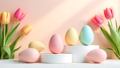 Fototapeta premium Easter Sale Web Banner, 3D Pastel Eggs & Cherry Blossoms, spring easter sale template, banner with space for text, 2025 Easter holidays sales concept, created with generative ai