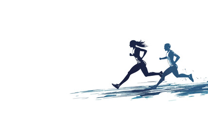 Obraz premium The image is a vector graphic depicting two silhouettes of runners, a male and a female, running in the same direction. The silhouettes are rendered in shades of blue against a white