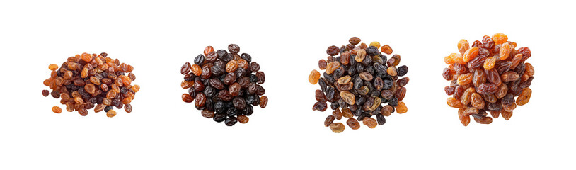 Various Types of Dried Raisins on Isolated White Background