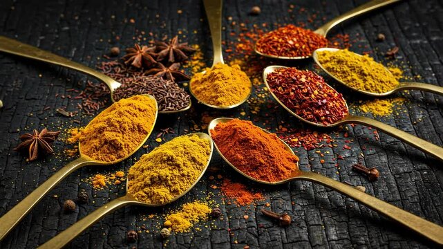 A vibrant array of spices displayed in golden spoons on a dark surface