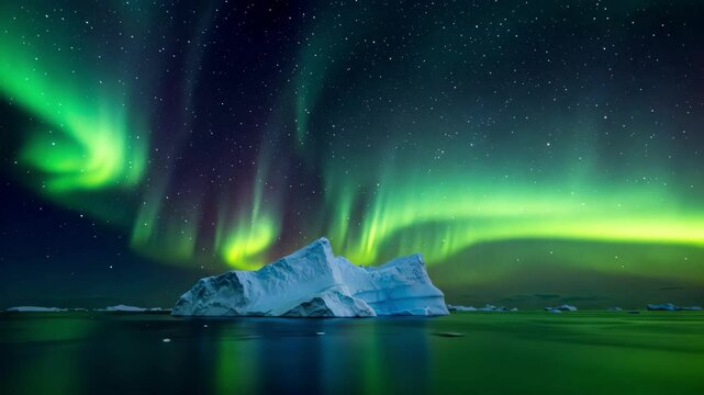 Stunning aurora borealis over an iceberg in a tranquil night sky