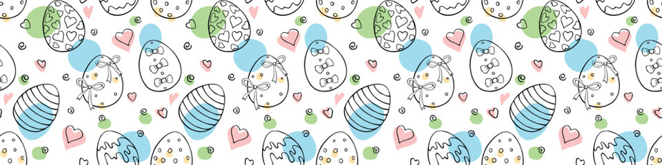 Vector abstract seamless pattern with colorful Easter eggs, hearts, points spots, stains. Spring hand drawn doodle, holiday tradition backgrounds and textures with decorative elements