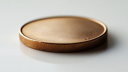 A circular coin with no engravings, slightly tilted on a polished white background